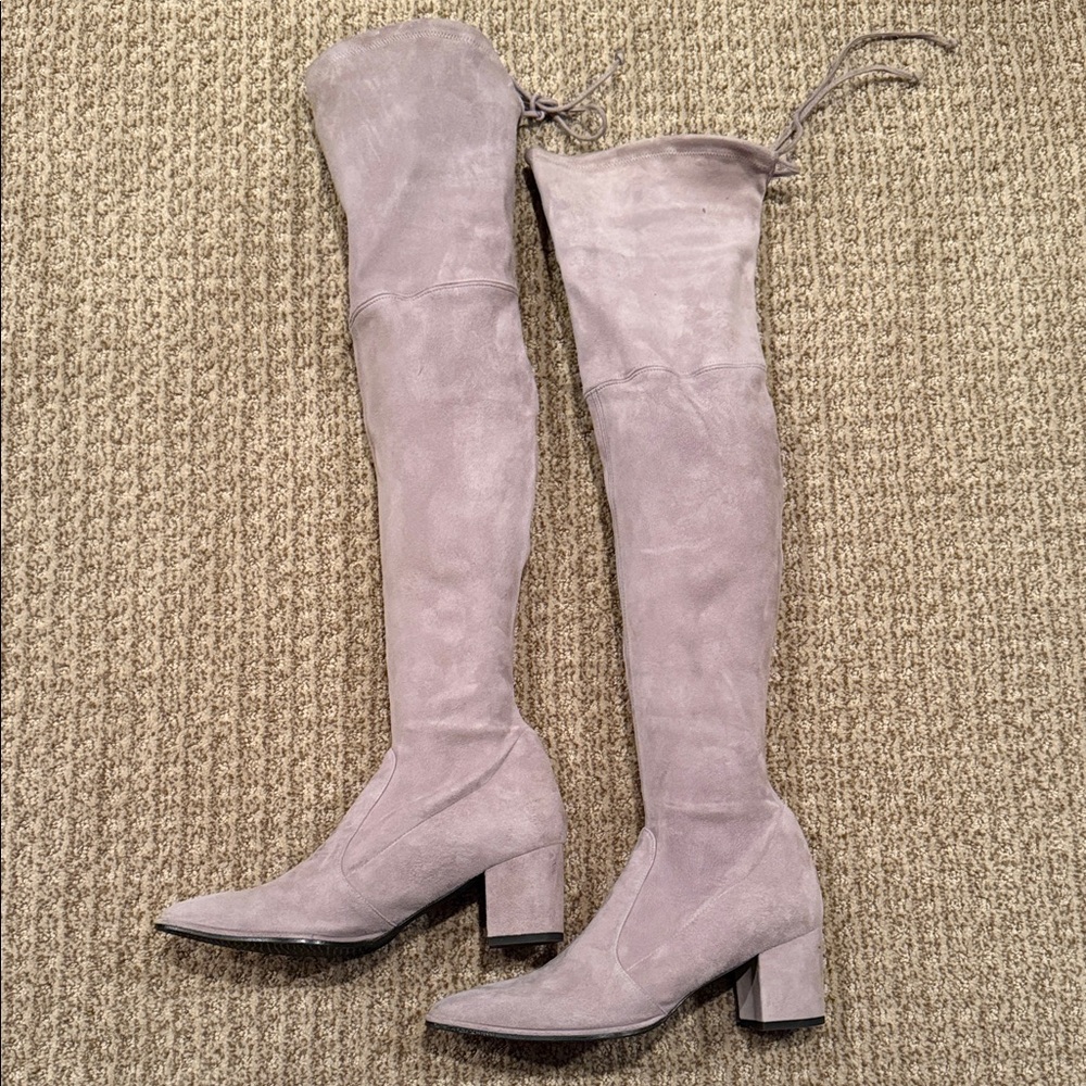 STUART WEITZMAN SUEDE Over-the-Knee Suede Block Heel Boots - Light Taupe